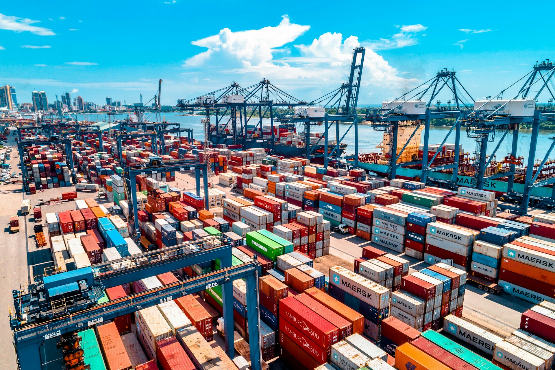 Stacked shipping containers at a port