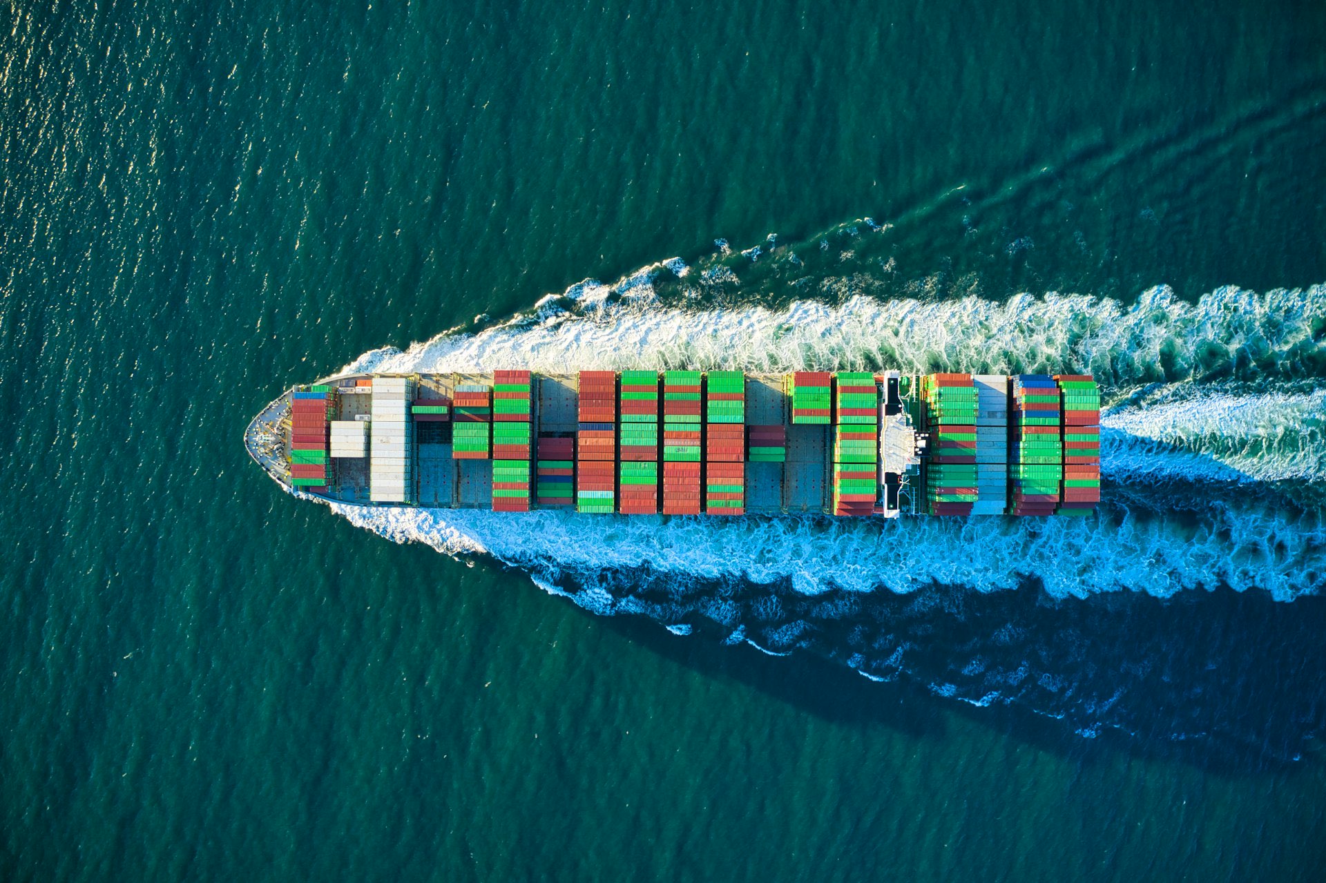 Aerial view of a cargo ship at sea